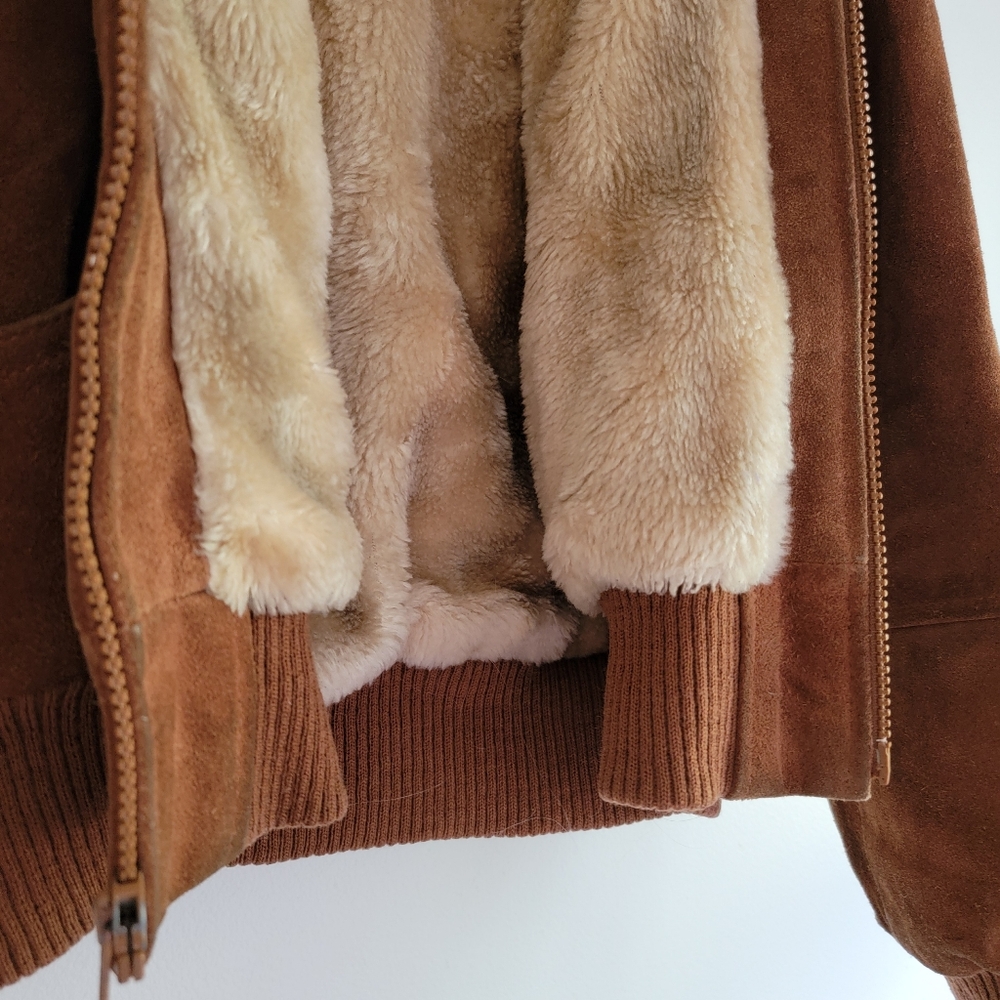 Vintage Shepler's Brown Suede Soft Shearling Lined Bomber Jacket 12* Small  Hood - Picture 5 of 16